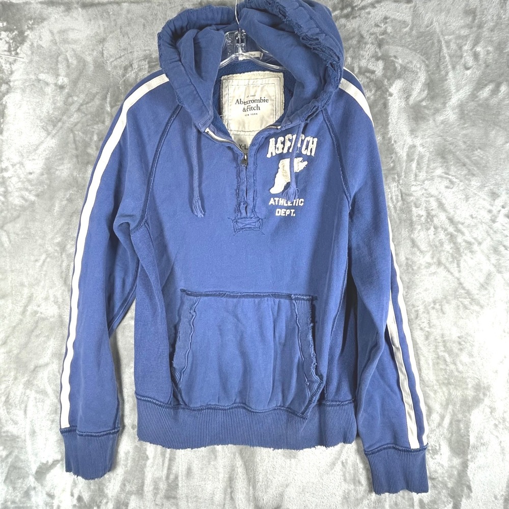 Vintage Abercrombie & Fitch Hoodie Mens XL Distressed Blue 1/4 Zip Muscle Sweat